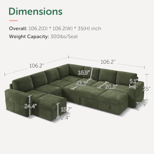 Image of HONBAY Modular Sectional Sleeper Sofa with Pull Out Bed Oversized Corduroy L Shaped Sofa Bed with Storage Couches for Living Room,Green