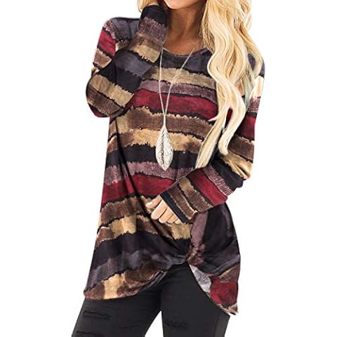 YOINS Women's Plain Round Neck Long Sleeve Loose Fit T-Shirts with Crossed Front Design Blouse Tops, Striped-wine Red, L Cover