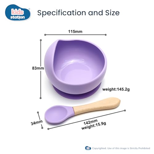 Image of Kids Station Easy to Carry Silicone Baby Feeding Set - Bowl - Spoon - Make Mealtime Fun and Easy - Tableware Meal Utensils for Kids with Suction - Baby Feeding Product - (Set of 2, Purple)