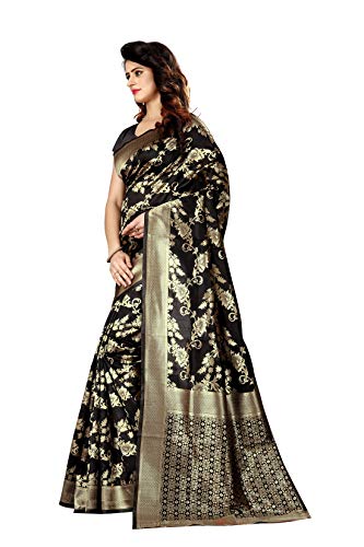 Image of Flosive Women's Present Kanjivaram Soft Silk Saree With Blouse (BLACK)