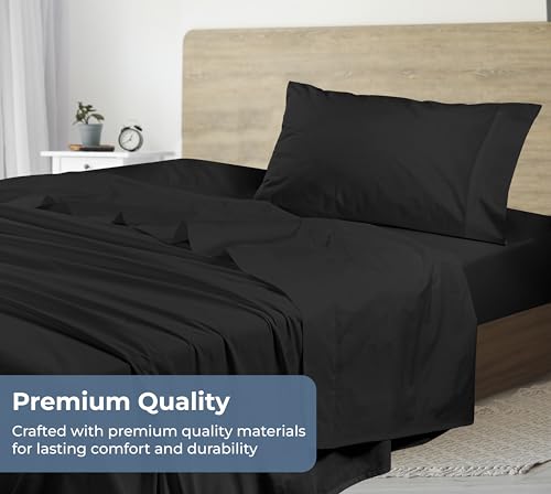 Image of ROYALE LINENS 100% Organic Cotton Twin XL Sheet Set - Percale Weave - 3 Pieces Set - 1 Flat, 1 Deep Pocket Fitted Sheet and 1 Pillowcases - Black Bed Sheets - Sabanas Twin XL - Crisp Cool (Black)