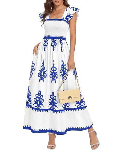 BTFBM Summer Dresses for Women 2026 Casual Floral Boho Sleeveless Square Neck A Line Flowy Beach Maxi Sundress Pockets(White Blue Flower, Medium)