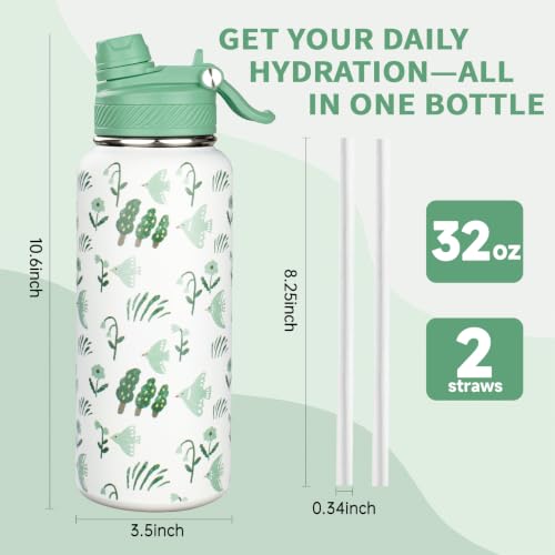 Image of 32 oz Insulated Water Bottle with Leak-proof 2-in-1 Straw and Spout Lid,Stainless Steel Sports Water Bottle with Handle,Double Wall Vacuum Metal Water Flask for Travel Camping School(Bird Tree,1)