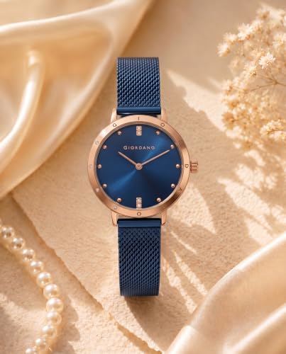 Image of Giordano Analog Quartz Watch for Women with Round Dial, Two-Hand Display, Crystal-Studded Hour Markers and Bezel and Stainless Steel Mesh Strap - A2085