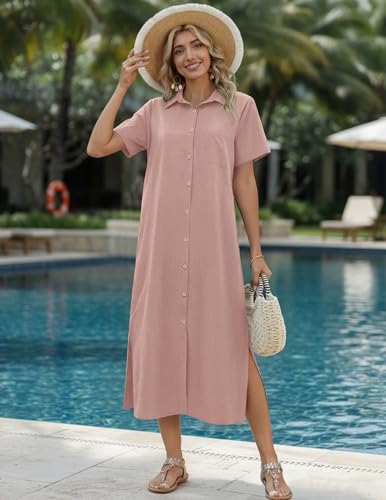 Image of HOTOUCH Womens Dress Summer Casual Midi Short Sleeve Button Down Shirt Dresses Beach Cover Up with Pockets