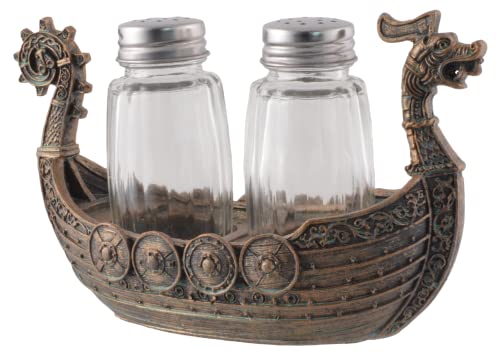 Drakar Nordic Salt and Pepper Shakers - Viking Ship with Glass Shakers, Bronze, LxBxH: 15x6x9cm - Image 4