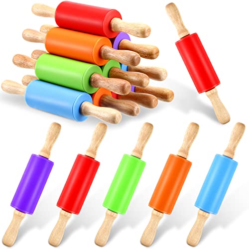 10 Pcs Small Rolling Pin Kids 9 Inch Mini Rolling Pin Silicone Wooden Cooking Pins Baking 5 Colors Non Stick Kids with Wooden Handle for Christmas Kitchen Dough Cookie Pastry Fondant Cake