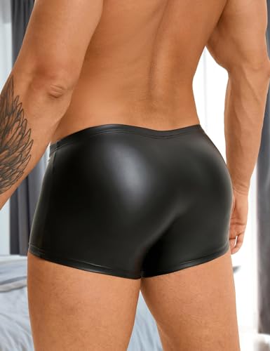 Sexy Boxershorts Herren mit Öffnung PU Leder Unterwäsche mit Beutel Große Größen Wetlook Unterhosen mit Knöpfe Sissy Dessous Männer Reizwäsche Erotische Shorts Slips Hipster Gay Clubwear (Schwarz,L)