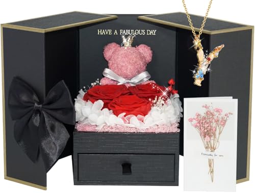ADDWel Preserved Rose Gifts for Her Girlfriend - Eternal Rose Gifts for Women Mom Wife Sister on Birthday Anniversary, Unique Forever Preserved Rose Box with Personalized Initial Letter Necklace Y