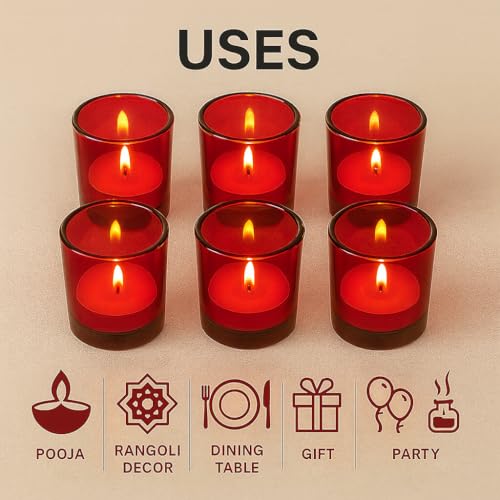 Image of Pure Source India Set of 12 Votive Glass Candle Holders with Tealight Candles | Decorative Diwali Lights for Home, Pooja & Festive Decor (Red)