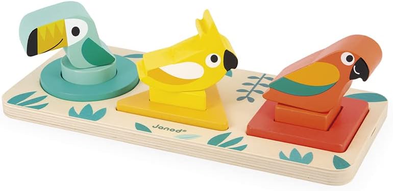 Janod - Tropik My First Shapes: Wooden Educational Toy - 9 Slot-in Shapes, Water-Based Paint - Ages 1+