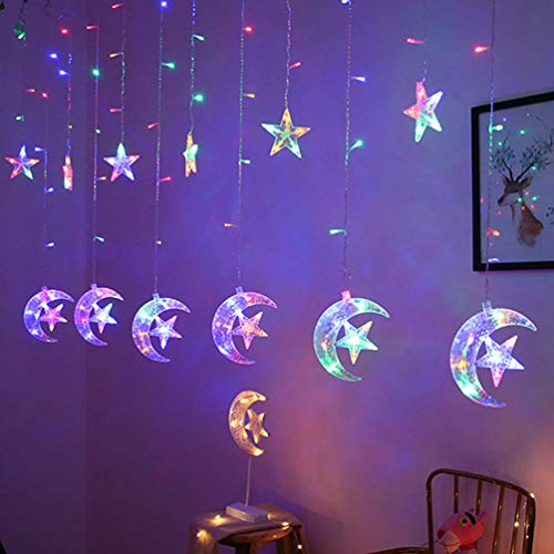 Uonlytech Star Moon Shaped Curtain String Lights, Home Decorative Fairy Night Light, USB Party Lights for Wall Window Garden Birthday Christmas Decor