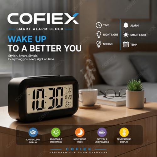 Image of Digital Alarm Clock - Smart Backlight with Auto Sensor, Big LCD Display, Date, Calendar & Temperature, Battery-Powered Travel & Desktop Clock for Home, Bedroom, Office (Multicolor)