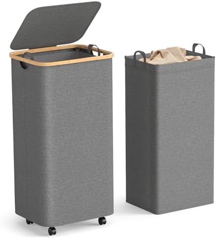 Yecaye 100L Large Capacity Laundry Hamper – Foldable Rolling Laundry Basket, Mobile Clothes Hamper with Wheels, Removable Inner Bag, Bamboo Handle Lid Laundry Bin – Multi-Use Storage,Grey