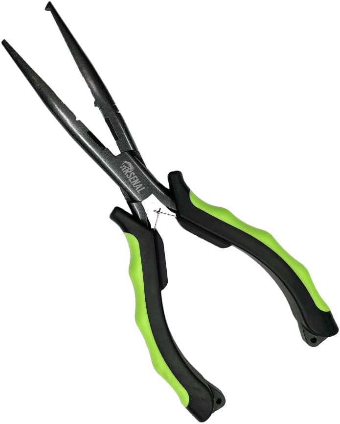 Arsenal Excalibur Long Nose Fishing Pliers – Non-Slip Grips, Serrated Jaws, and Hook Bender – PTFE Plated, Lure Tuning, Mono/Fluoro Cutter, Black Nickel Carbon Steel – Holster & Lanyard Included, 9"