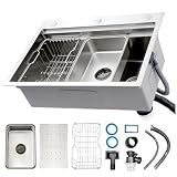 Lavello Da Cucina In Acciaio Inox Con Scarico, In Acciaio Inox, Con Contenitore Per Rifiuti Rimovibile, A Una Vasca, Per Montaggio Soprapiano(A,85x50x22cm)