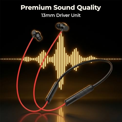 Image of Walta Bullet Z6 Wireless Bluetooth 5.4 Neckband Earphones with ENC Noise Cancellation, 13mm Bass Driver, Fast Charging Type-C, 20H Playback, Magnetic Earbuds, Sweat Resistant Headset with Mic (Red)