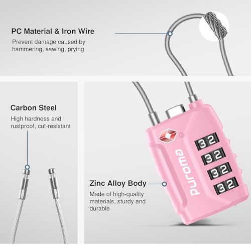 Image of Puroma TSA Approved Luggage Lock, 4 Digit Combination Travel Locks Resettable Code Lock with Zinc Alloy Body for Suitcase, Toolbox, Backpack, Bag, Gym Locker, Basic Pink, Basic Pink