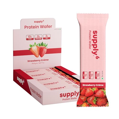 Image of SUPPLY6 Protein Wafer Bars | Pack of 10 | Multigrain Crunchy Wafer | Vegetarian | 10g Protein | 3g Fiber | No Added Sugar | 400 G (Strawberry)