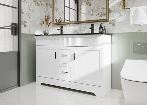 Image of eclife 48 inch Bathroom Vanities Sink Combo with Painted Surface, Modern Drawered Cabinet W /Decorative Wave Lines, Undermount Double Black Sink, Matte Black Faucet Drain, White