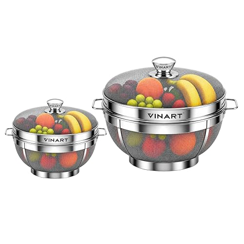 Image of VINART Stainless Steel Fruit Basket with Lid | Fruit & Vegetable Storage Basket for Kitchen & Dining Table (Small + Large)