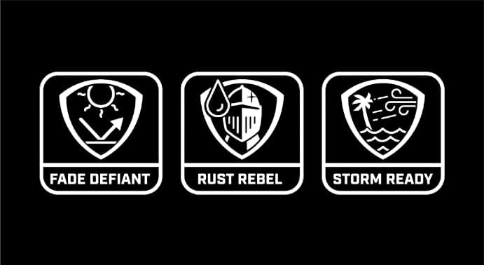 Three shield icons with text: Fade Defiant, Rust Rebel, Storm Ready, indicating the fan's durability features.