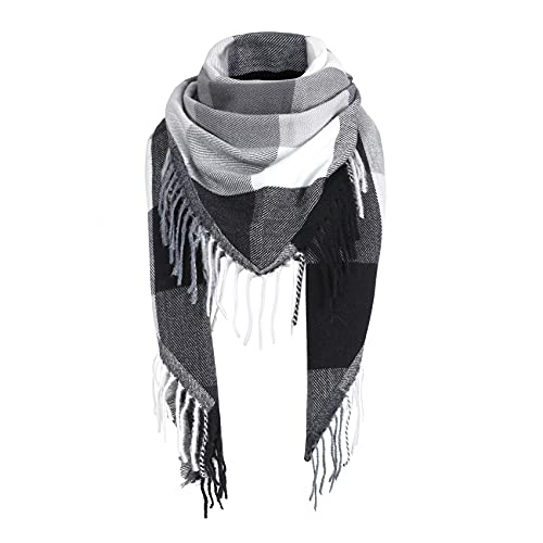 Durio Schal Damen Winter Dreieckstuch Herbstschal Schal Weich Deckenschal Kaschmir Tuch Elegant Mit Fransen Schwarz Weiß Kariert Einheitsgröße