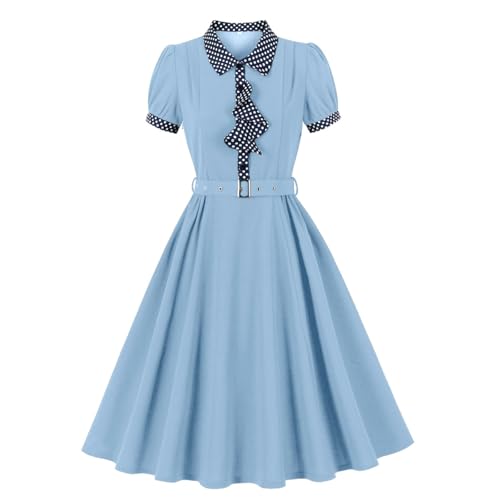 Wellwits Womens Polka Dots Ruffle Front Shirt 1950s Vintage Work Dress Light Blue M
