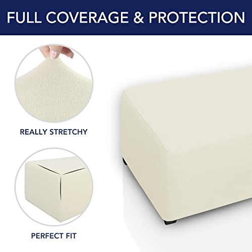 Image of PureFit Stretch Rectangle Ottoman Cover Footstool Cover, Ivory | Fleece Soft Form Fit Ottoman Slipcovers Rectangle Slipcover for Folding Storage with Nonslip Elastic Bottom