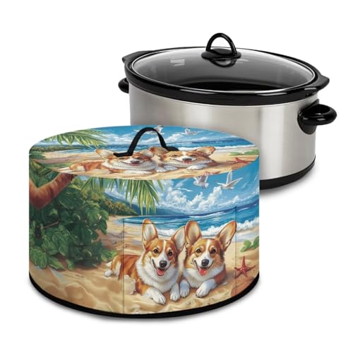 Hwzdsyxl Corgi Dog Beach Palm Tree Print Slow Cooker Cover Fits 6/7/8 Quart Large Crock Pot Starfish Seagull Print Electric Pressure Cooker Cover Keep Kitchen Clean and Easy to Use, 16x14x9.6 Inch -  HWZ-CZA65-30762