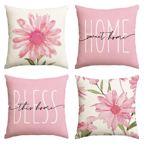 AVOIN colorlife Home Sweet Home Spring Summer Flowers Pink Throw Pillow Covers 18 x 18 Inch Cushion Case for Sofa Couch Set of 4