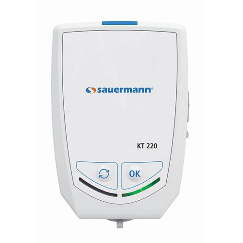 Front view of the Sauermann KT 220-N Multi-Function Data Logger. It is a white, rectangular device with rounded corners. The Sauermann logo is at the top, and 'KT 220' is printed below it. At the bottom, there are two circular buttons: one with a refresh/cycle arrow icon and another labeled 'OK'.