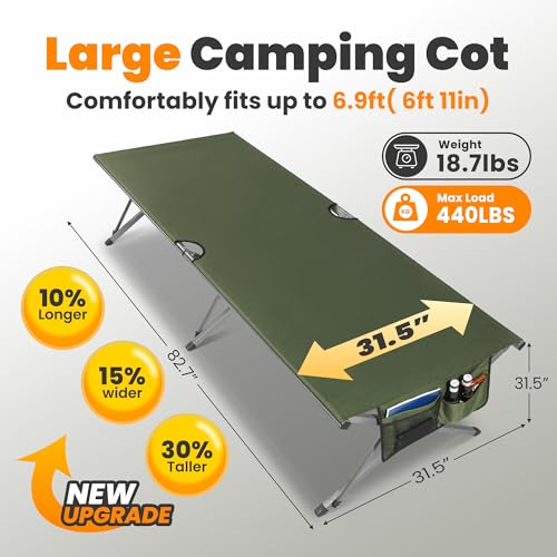 Image of Join Nature Oversized Camping Cot Foldable for Adults, Supports 450 lbs | Easy-to-Assemble Sleeping Cot with Storage Bag, Fits Up to 6.9 ft, Portable for Outdoor Camping, 82 inch L x 32 inch W, Green