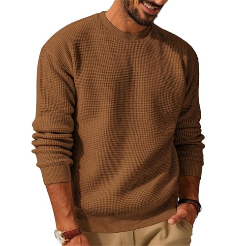 Chunky Knit Sweater,Mens Crewneck Sweater Waffle Knitted Pullover Lightweight Casual