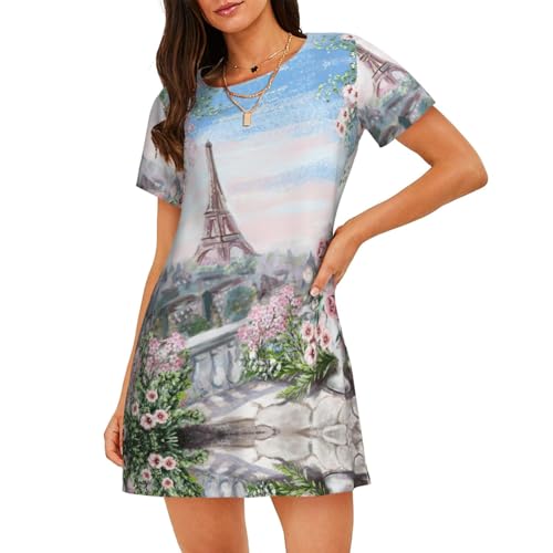Chemise de nuit manches courtes Paris fleurs pour vos soirées détente cocooning