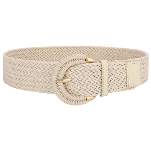 SUOSDEY Rattan-Flechtgürtel für Damen, breiter Taillengürtel für Kleider, gewebter Boho-Gürtel mit halbkreisförmiger Schnalle beige