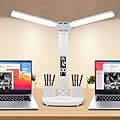 GNQJDC LED Desk Lamp Light with 2 Pen Holders, Time, Date, Temperature Display, Dimmable, 3 Color Modes, Touch Control, Foldable,Eye-Caring Table Lamp for College Dorm Room Office Home Reading Study