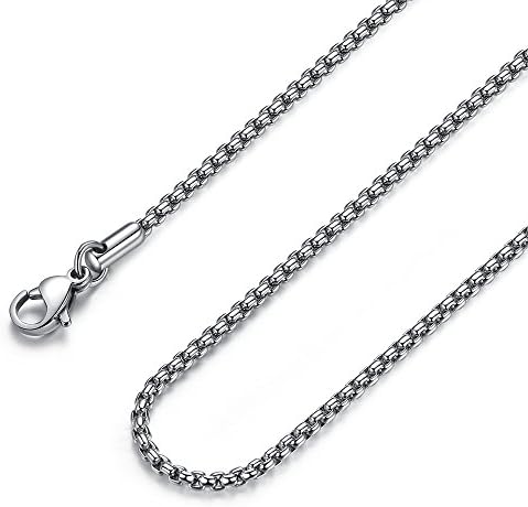 FOSIR Mens Round Box Chain Necklace, Stainless Steel Rolo Chain for Men and Women, 2/3/4mm, 18-30 Inch