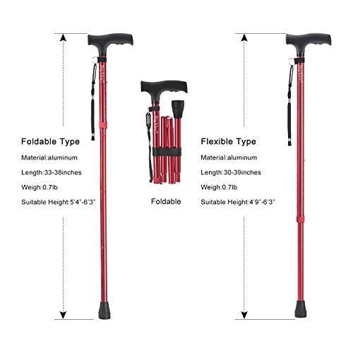 Bigalex Folding Cane,Adjustable Collapsible Cane,Foldable Walking Cane For Men,Women,Lightweight,Adjustable,Portable Hand Walking Stick - Balancing Mobility Aid - Sleek, Comfortable T Handles Red #TOP5