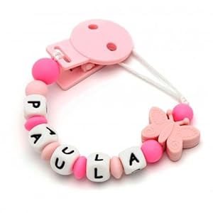 Sujetachupetes Personalizado Mariposa | Alivio molestias de dentición | Certificado Normativa Europea EN-71 (Rosa)