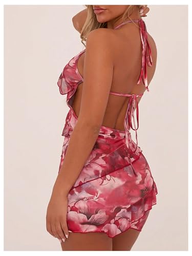 Milumia Women's Floral Ruffle Trim Bodycon Mini Dress Tie Backless Halter Short Dresses2