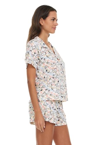 Image of COCO BRANDS Peanuts Snoopy Womens Pajama Set - 2 Piece Short Sleeve Button Down Sleep Shirt and Pajama Shorts