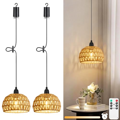 Lightess 2x Lampadario con Batteria - Lampada a Sospensione Portatile Dimmerabile Telecomando, IP65 per Esterni e Interni, Stile Boho, per Giardino, Terrazza, Tavolo (Senza Fili)