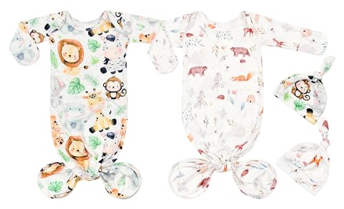 Image of Bellasignoro Newborn Knotted Gown Nightgown Soft Sleeper Gown with Hat Set for Baby Boy or Girl-2 Pieces