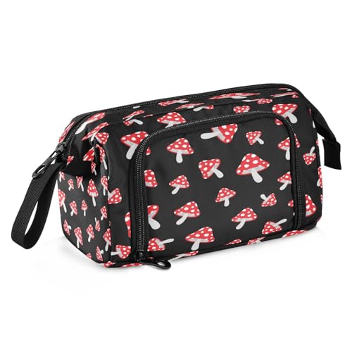 Image of Portable Pencil Case Pen Bag with Zipper, Cute Mushrooms Polka Dot Large Pencil Pouch Pen Case Stationery Bag for Office School Student, Multifunctional Pen Box for Girl Boy Men Women
