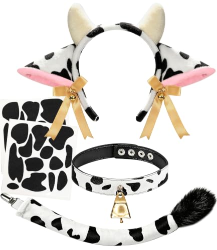 U-Zomir Cow Costume Set, Cow Ears Headband Cowbell Collar Choker Tail and 34pcs Adhesive Felt Pads Stickers for Halloween Cosplay DIY Dress Up (Black)