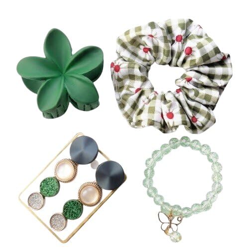 Image of Mini Green Hamper Accessories Set, Green Printed Pattern Scrunchie, Beaded Bracelet, Trendy Flower clips, and Hair Pins (Gift Hamper 02)
