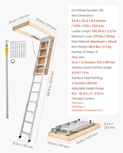 VEVOR Bodenleiter, Tragkraft 170 kg, Dachbodenleiter höhenverstellbar von 3 bis 3,13 m, Faltbare Dachbodentreppe aus Aluminium, Ideal für Dachbodenzugang, Balkonen im Obergeschoss