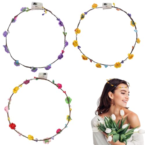 WUSJCOF 3 PC LED Blumen Kranz Stirnband, Kronen Blumengirlande, Boho Floral Head Crown für Hochzeit, Festival und Party, Kopfschmuck mit Dekor WUSJCOF 3 PC LED Blumen Kranz Stirnband, Kronen Blumengirlande, Boho Floral Head Crown für Hochzeit, Festival und Party, Kopfschmuck mit Dekor