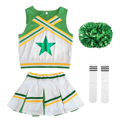 Image of LOLANTA Cheerleader Costume for Girls Halloween Cheer Uniform Outfit | 4Pcs Complete Cheerleading Set with Top, Skirt, Socks and Pom Poms, Cheer Outfits for Halloween Cosplay Christmas